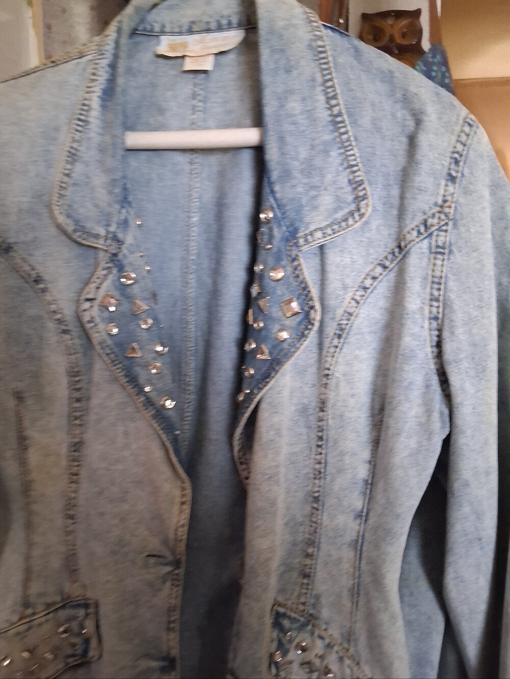 Vintage Stud-Embellished Light Blue Denim Jacket for Women